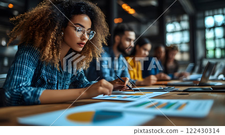 Business team working on an advertising campaign, creative discussions and strategy planning with digital mockups on tablets and laptops 122430314