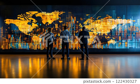 Business executives analyzing sales data and growth strategies, digital charts and reports displayed on large screens 122430327