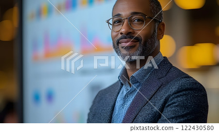 A leader presenting competitive landscape insights, interactive whiteboard with market trends, dynamic office energy, focused team 122430580