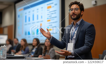 Entrepreneurs presenting finalized service designs to stakeholders, charts and data visualizations enhancing the pitch 122430617