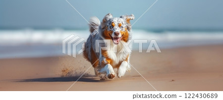 Happy Australian Shepherd dog with merle coat sprints across sandy beach, tongue out, ears flapping, paws kicking up sand. Image of pure joy and energy. Happy Australian Shepherd dog with merle coat sprints across sandy beach, tongue out, ears flapping, paws kicking up sand. Image of pure joy and energy. 122430689