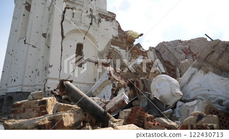 View to destroyed church at Kharkivska oblast. Ruined building after bomb attacks on ukrainian territory from russia army. Consequences of russian invasion of Ukraine. Slow motion 122430713