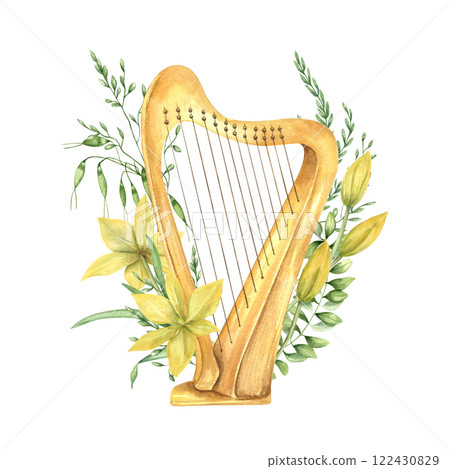 Watercolor classical wooden musical string harp intertwined with yellow tulips and spring spikelet, herb watercolor illustration isolated background. St Patrick day music instrument for festival decor 122430829