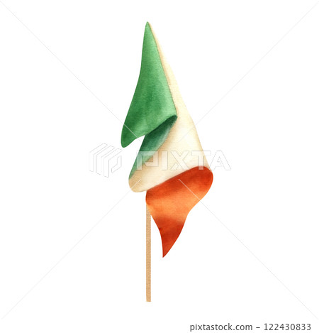 Waving three color national country flag on flagpole in green, white, orange colors watercolor illustration isolated background. Element for holiday greeting cards, Independence day posters 122430833