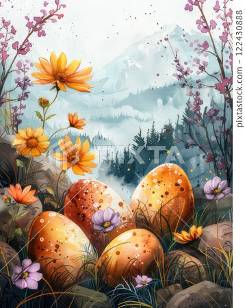 A painting showing Easter eggs among colorful flowers and rocks. AI-generated content. 122430888