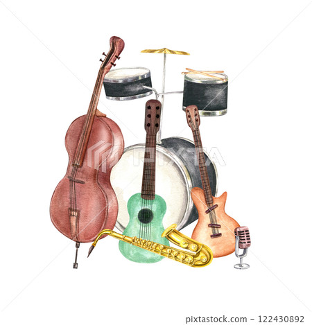 Jazz percussion, string and wind instruments watercolor illustration isolated background. Saxophone, electric and acoustic guitar, contrabass, drum kit and retro microphone. Orchestra composition 122430892