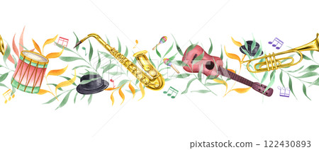 Watercolor six string guitar, drum, trumpet, hats, maracas, musical notes and colorful holiday leaf branches seamless horizontal banner. Carnival festive musical instruments pattern illustration 122430893