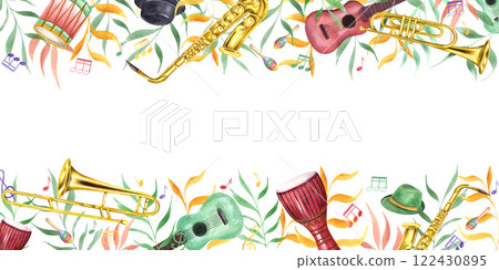 Watercolor carnival music percussion, string and wind instruments, musical notes among abstract color leaves rectangle border. Mardi Grass, Brazilian carnival illustration with empty space for text 122430895