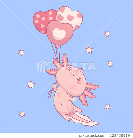 Cute pink Axolotl flying with balloons hearts. Little festive cartoon kawaii animal character. Vector illustration. Kids collection 122430919