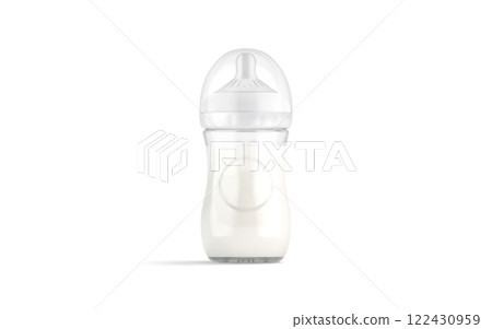 Blank white plastic baby bottle with milk mockup, front view 122430959