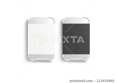 Blank black and white aluminium foil container paper label mockup 122430960