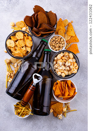 Beer and different snacks for Superbowl or football party 122431062
