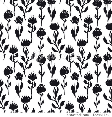Seamless pattern with black and white hand drawn flowers 122431139