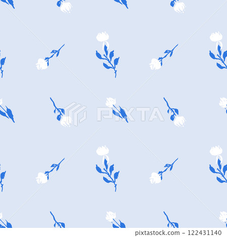 Seamless pattern with monochrome blue hand drawn flowers 122431140