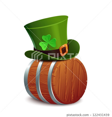 vibrant vector illustration of a traditional wooden barrel adorned with a festive green hat and a lucky clover leaf. Perfect for adding a touch of Irish charm to your designs, this illustration is 122431439