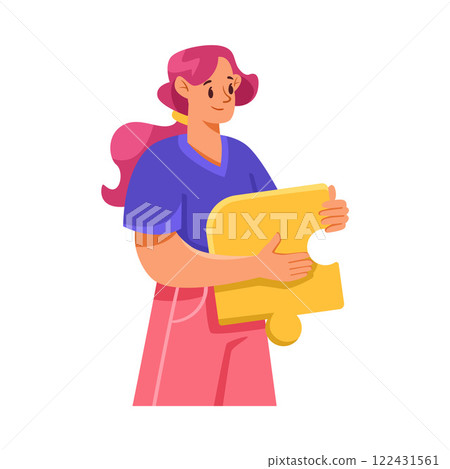Woman Team Member Character Hold Jigsaw Puzzle Vector Illustration 122431561
