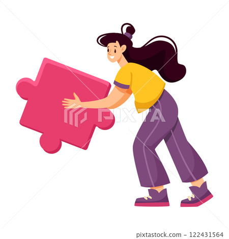 Woman Team Member Character Hold Jigsaw Puzzle Vector Illustration 122431564
