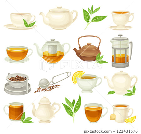 Tea with Ceramic Cup, Teapot and Green Leaf Big Vector Set 122431576