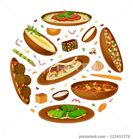 Syrian Cuisine Dish and Traditional Food Round Composition Design Vector Template 122431578