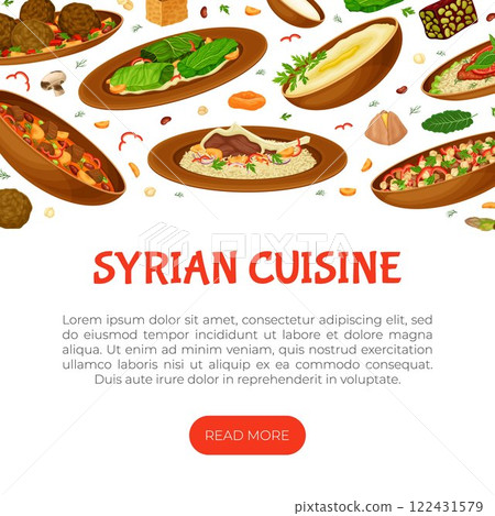Syrian Cuisine Dish and Traditional Food Banner Design Vector Template Syrian Cuisine Dish and Traditional Food Banner Design Vector Template 122431579