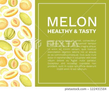 Sweet Melon Banner Design with Ripe Fruit Vector Template 122431584