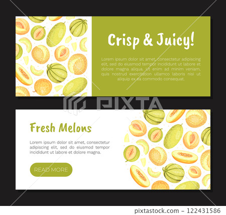Sweet Melon Banner Design with Ripe Fruit Vector Template Sweet Melon Banner Design with Ripe Fruit Vector Template 122431586