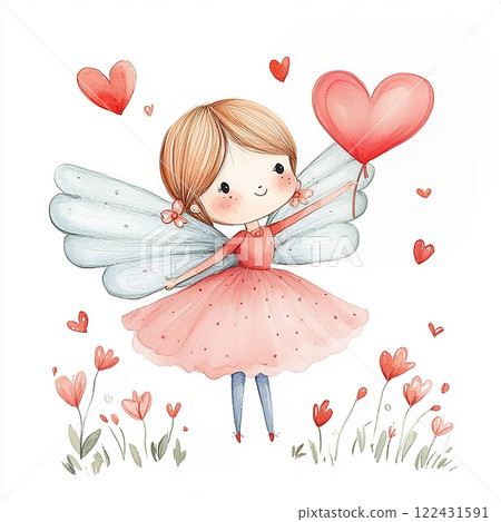 Cute watercolor fairy girl holding a heart balloon in a Valentines Day scene. Romantic illustration 122431591