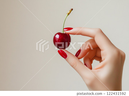Glossy red cherry in a hand with bright nails against a natural white background. 122431592
