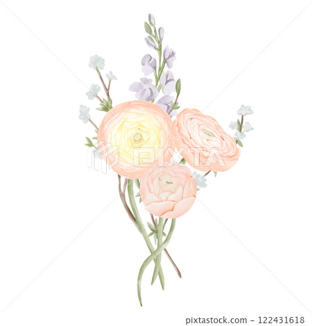 Bouquet of Ranunculus Flowers with Freesia and Snow Willow Branches. Watercolor Hand drawn Spring floral illustration in pastel colors isolated on white background. Botanical art for invitations 122431618