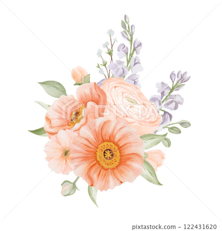 Spring Flowers Bouquet from Ranunculus and Iceland Poppies with Freesia, Peach or Cherry and Snow Willow Branches. Watercolor hand painted botanical illustration in pastel colors isolated on a white Spring Flowers Bouquet from Ranunculus and Iceland Poppies with Freesia, Peach or Cherry and Snow Willow Branches. Watercolor hand painted botanical illustration in pastel colors isolated on a white 122431620