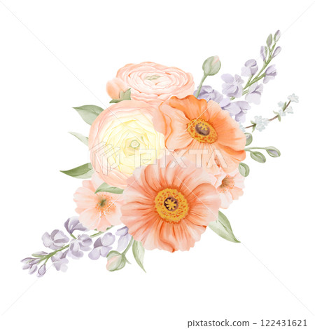 Bouquet of Spring Flowers from Iceland Poppy, Ranunculus, Freesia and Peach or Cherry. Watercolor hand drawn botanical illustration in pastel colors isolated on a white background. Floral art for Bouquet of Spring Flowers from Iceland Poppy, Ranunculus, Freesia and Peach or Cherry. Watercolor hand drawn botanical illustration in pastel colors isolated on a white background. Floral art for 122431621