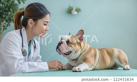 Asian female veterinarian doctor touches and examines cute english bulldog puppy is lying on medical table in veterinary clinic. Health care for dogs. 122431634