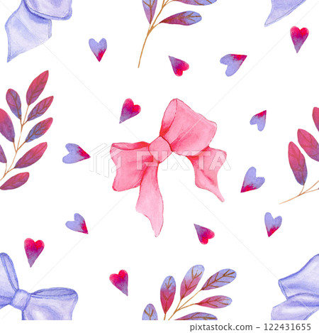 Seamless pattern by watercolor with pink and violet bows, heart and roses and violet brunches. Seamless pattern by watercolor with pink and violet bows, heart and roses and violet brunches. 122431655