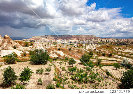 Stunning landscape showcases unique rock formations and lush greenery in Cappadocia 122431779