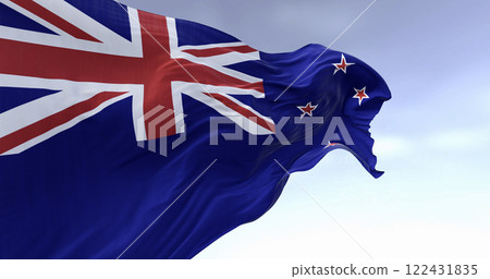 Close-up view of the New Zealand national flag waving in the wind 122431835