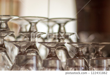 Shot of the glasses stacked in the shelf 122431862