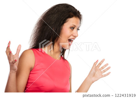 Angry mixed race woman screaming. 122431919