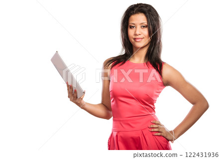 Mixed race african woman using pc tablet. Mixed race african woman using pc tablet. 122431936