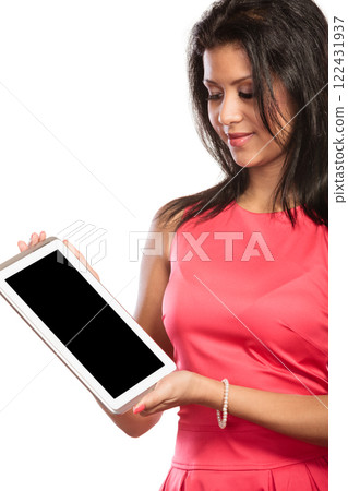 Woman with pc tablet with blank empty screen. Woman with pc tablet with blank empty screen. 122431937