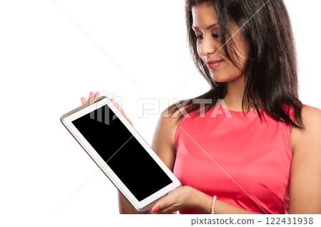 Woman with pc tablet with blank empty screen. Woman with pc tablet with blank empty screen. 122431938