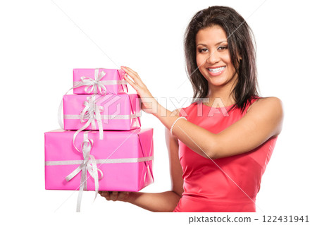 Pretty mixed race girl with boxes gifts. Christmas 122431941