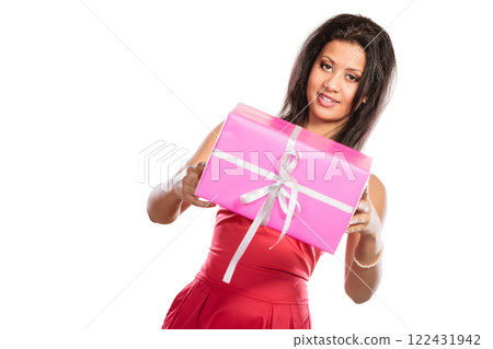 Pretty mixed race woman with box gift. Christmas 122431942