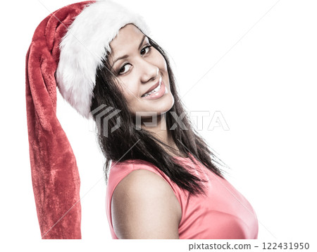 Woman mixed race santa helper hat portrait Woman mixed race santa helper hat portrait 122431950