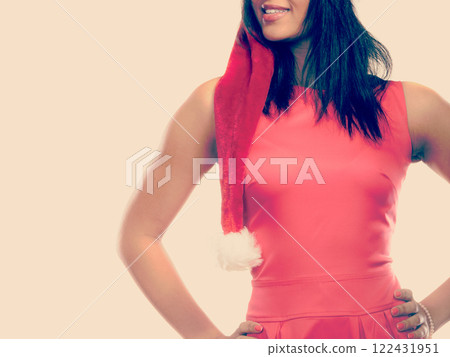 Woman mixed race santa helper hat portrait Woman mixed race santa helper hat portrait 122431951