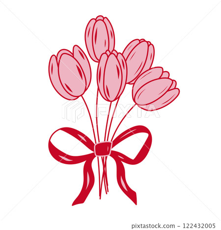 Pink tulips arranged in a bouquet with a red ribbon, perfect for gifting on special occasions Pink tulips arranged in a bouquet with a red ribbon, perfect for gifting on special occasions 122432005