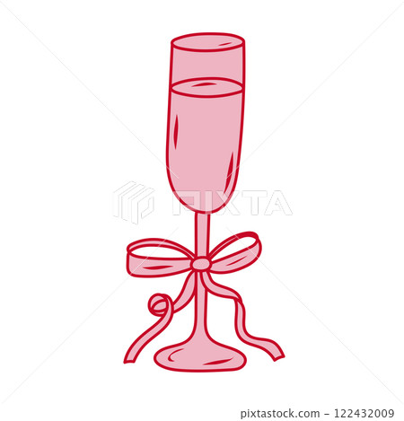 Festive pink champagne glass with a ribbon for celebrations and special occasions in a vibrant setting 122432009