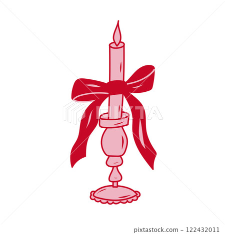 Elegant red candle with ribbon sits on a decorative holder for festive celebrations and home decor Elegant red candle with ribbon sits on a decorative holder for festive celebrations and home decor 122432011