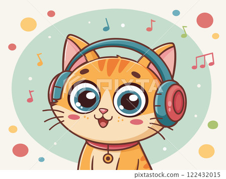 Adorable cat is wearing a headphone and listening to music Adorable cat is wearing a headphone and listening to music 122432015