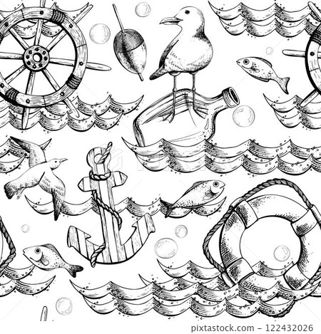 Marine theme with ship wheel, lifebuoy, seagulls, anchor, fish, water waves and bubbles. Graphic illustration line art in black and white monochrome, hand drawn with ink. Seamless pattern Marine theme with ship wheel, lifebuoy, seagulls, anchor, fish, water waves and bubbles. Graphic illustration line art in black and white monochrome, hand drawn with ink. Seamless pattern 122432026