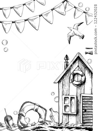 Fishing cabin with lifebuoy and float, seagulls and garlands of flags. Graphic illustration on nautical theme hand drawn line art in black and white monochrome. Vertical rectangular frame template Fishing cabin with lifebuoy and float, seagulls and garlands of flags. Graphic illustration on nautical theme hand drawn line art in black and white monochrome. Vertical rectangular frame template 122432028
